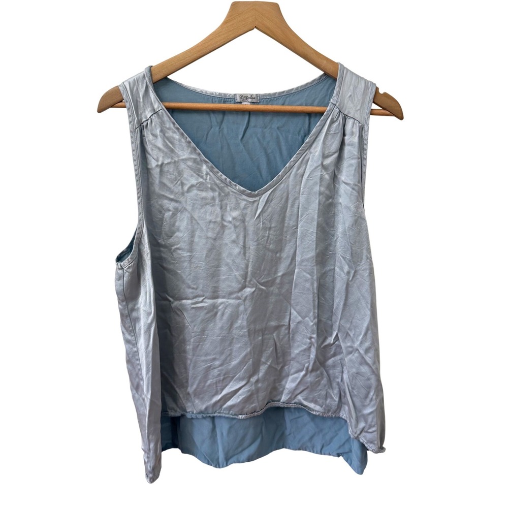 PJ Harlow Jill Tank Top Size M Light Blue Satin Faille Layered V-Neck Sleeveless